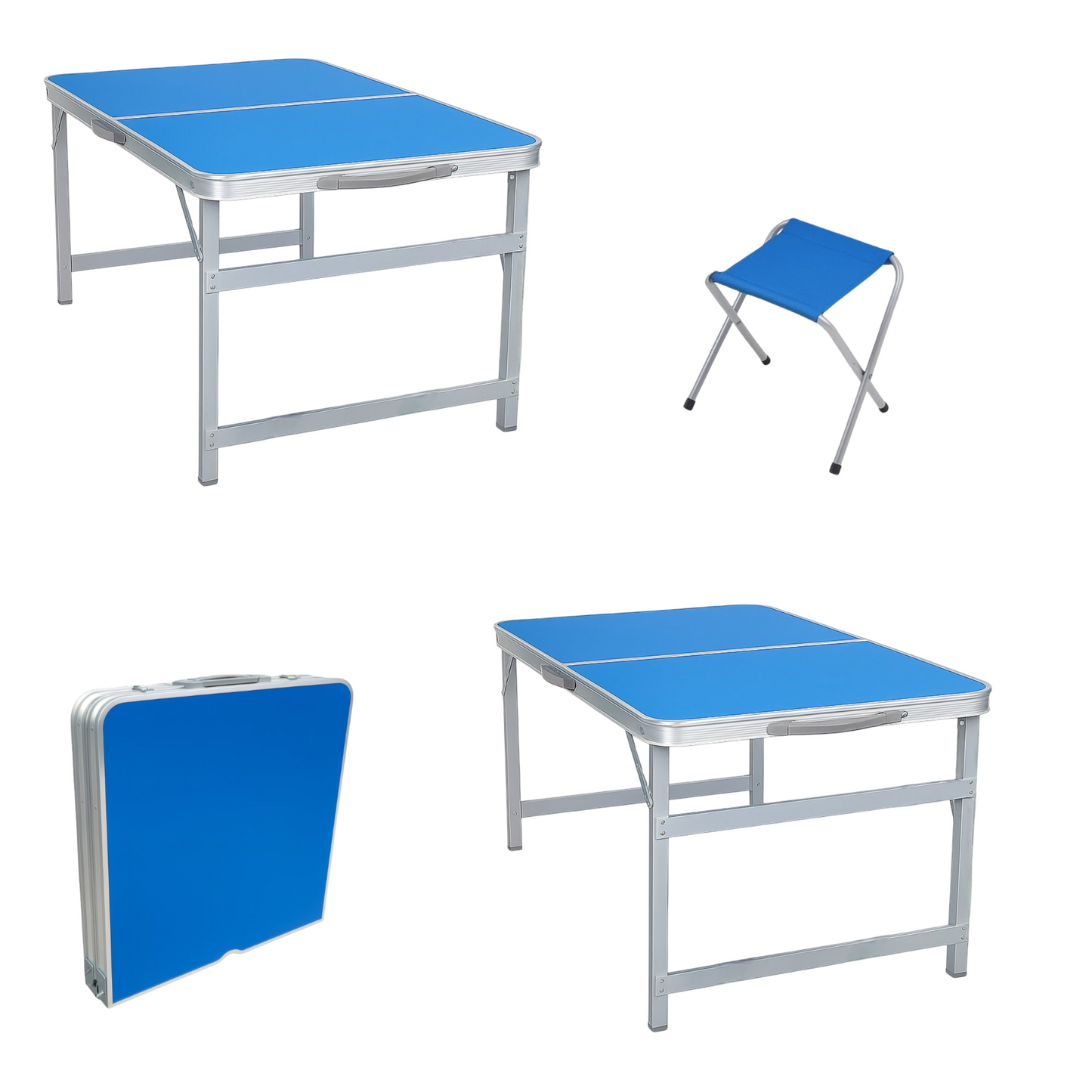 Camping Klapptisch Set 120×60 cm mit 4 Hockern – Faltbarer Outdoor Tisch für Picknick & Garten (Blau & Silber)
