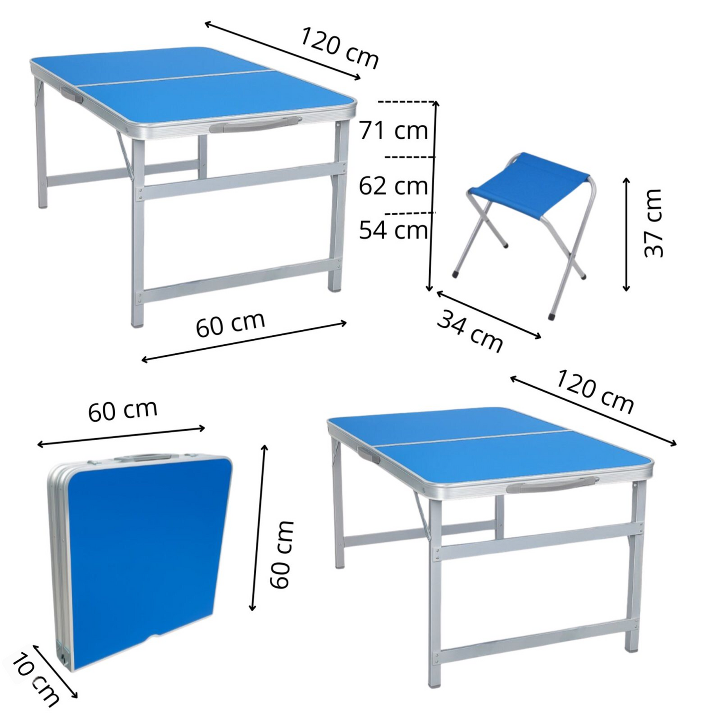 Camping Klapptisch Set 120×60 cm mit 4 Hockern – Faltbarer Outdoor Tisch für Picknick & Garten (Blau & Silber)