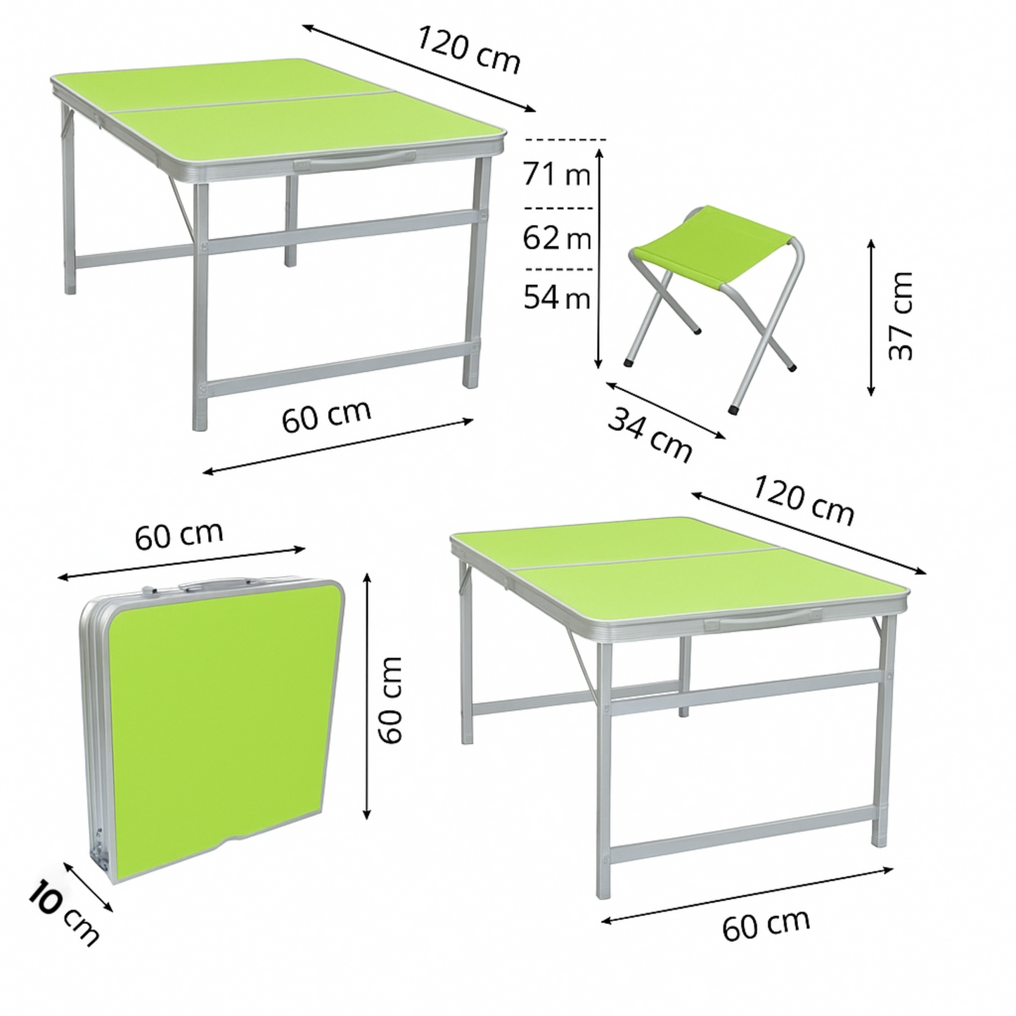 Faltbarer Campingtisch mit 4 Hockern -Grün & Silber - Klapptisch Set für Picknick, Garten & Outdoor - 120x60 cm