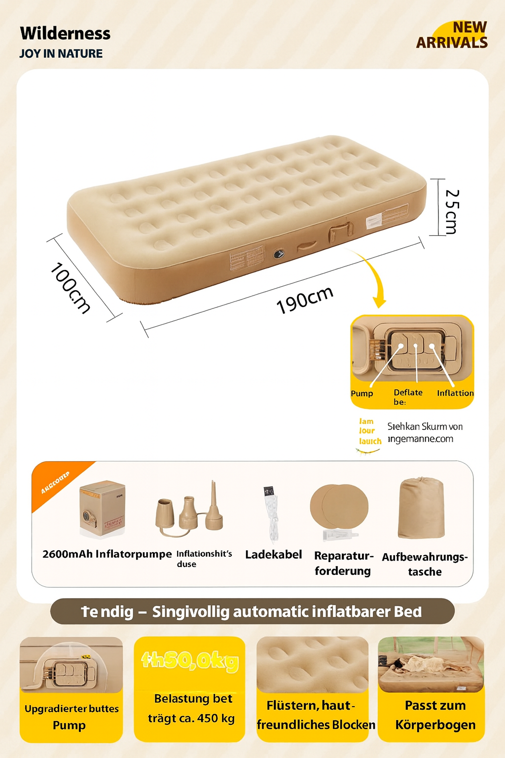 Aufblasbare Matratze mit integrierter Pumpe – 32-Kammer-System, 190×100×25 cm – Ideal für Camping, Gäste & Reisen