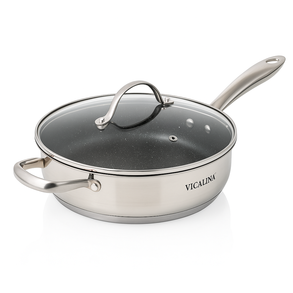 Topfset aus Edelstahl 12-teilig mit Glasdeckeln & Antihaft-Pfanne – Induktion geeignet – Hochwertiges Kochgeschirr für alle Herdarten – Spülmaschinenfest & energiesparend