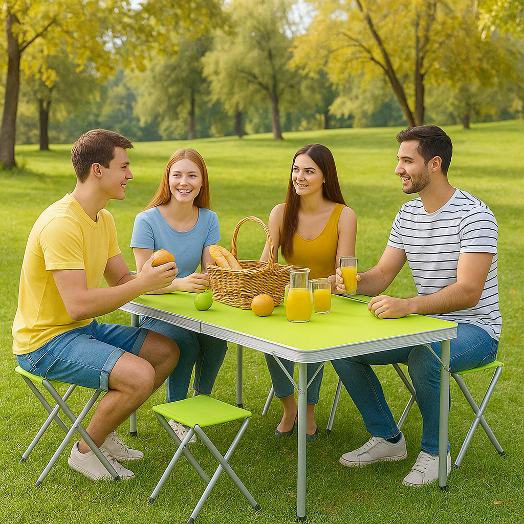 Camping Klapptisch Set 120×60×63 cm mit 4 Hockern – Aluminium, Grün