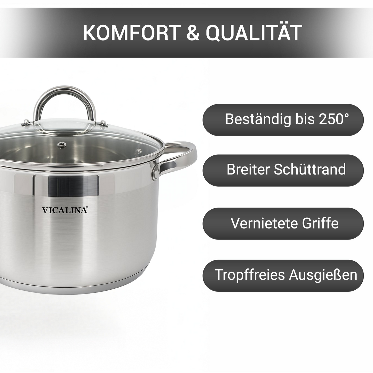 VICALINA 6-tlg. Edelstahl Topfset – 28/26/24 cm | Induktion geeignet | 5-Schicht Thermoboden | Glasdeckel