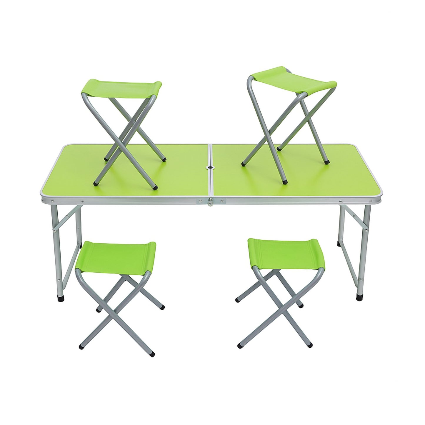 Klapptisch mit 4 Campinghockern – Aluminium Campingtisch Set – 120×60×63 cm – Grün