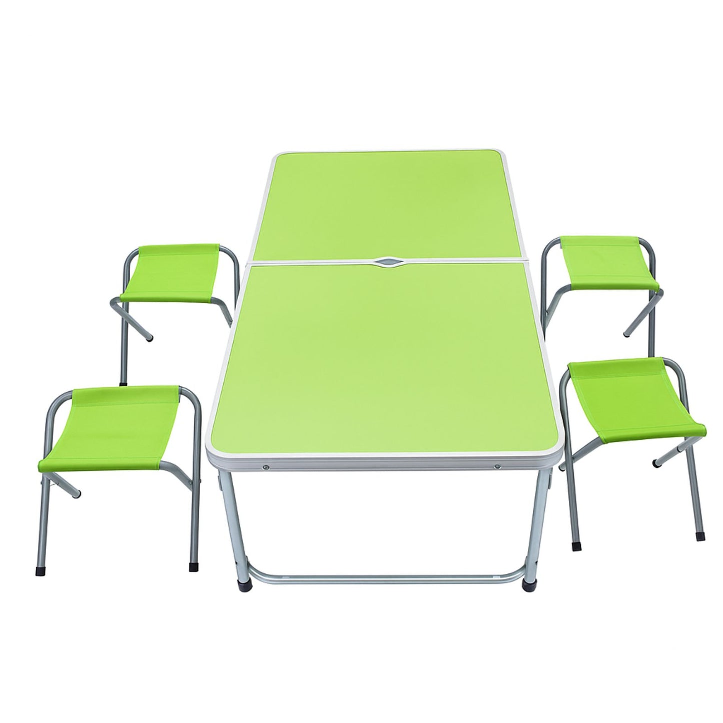 Klapptisch mit 4 Campinghockern – Aluminium Campingtisch Set – 120×60×63 cm – Grün