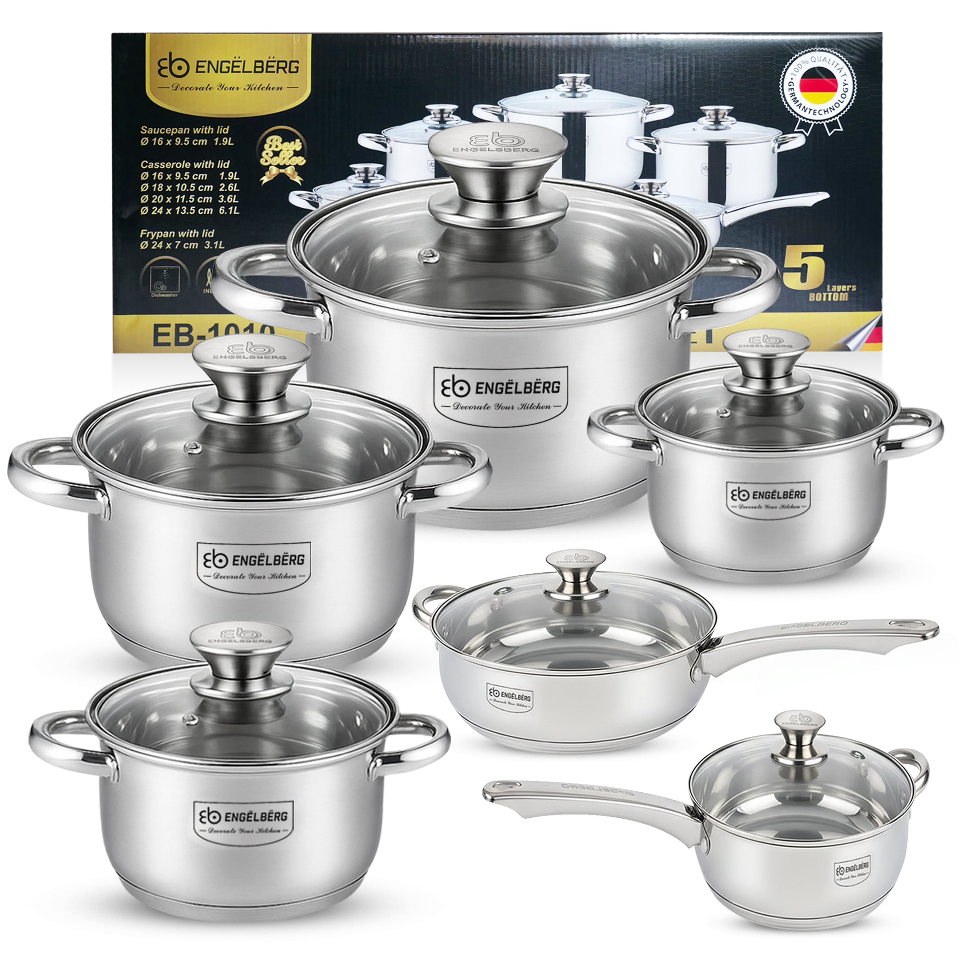 Komplettes Topfset aus Edelstahl mit 6 Töpfen und passenden Glasdeckeln