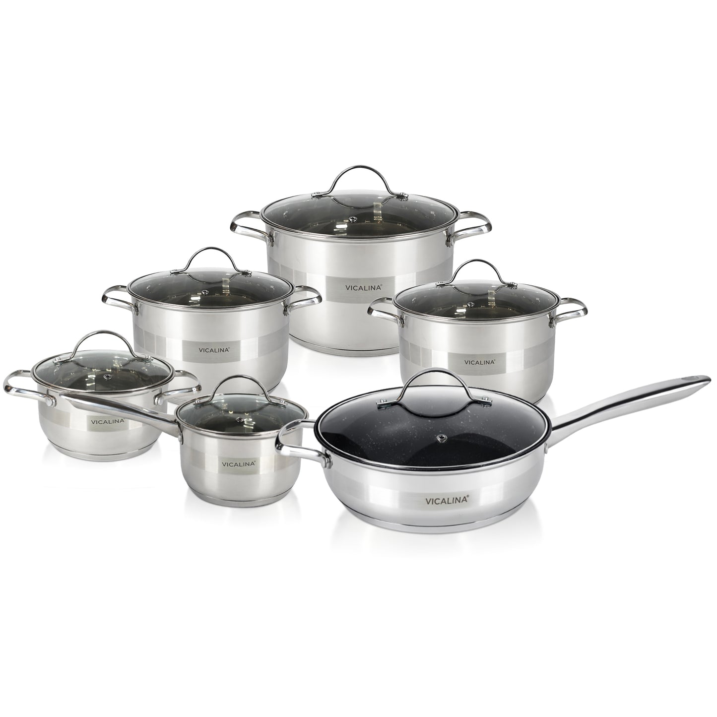 Topfset aus Edelstahl 12-teilig mit Glasdeckeln & Antihaft-Pfanne – Induktion geeignet – Hochwertiges Kochgeschirr für alle Herdarten – Spülmaschinenfest & energiesparend
