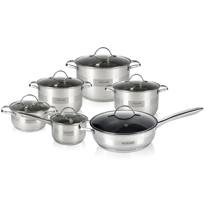 Topfset aus Edelstahl 12-teilig mit Glasdeckeln & Antihaft-Pfanne – Induktion geeignet – Hochwertiges Kochgeschirr für alle Herdarten – Spülmaschinenfest & energiesparend