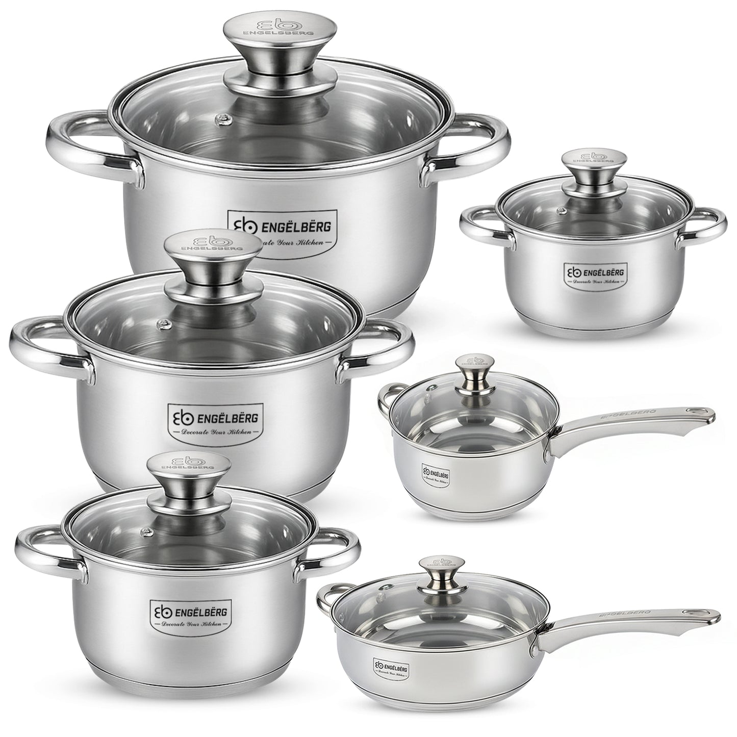 Komplettes Topfset aus Edelstahl mit 6 Töpfen und passenden Glasdeckeln