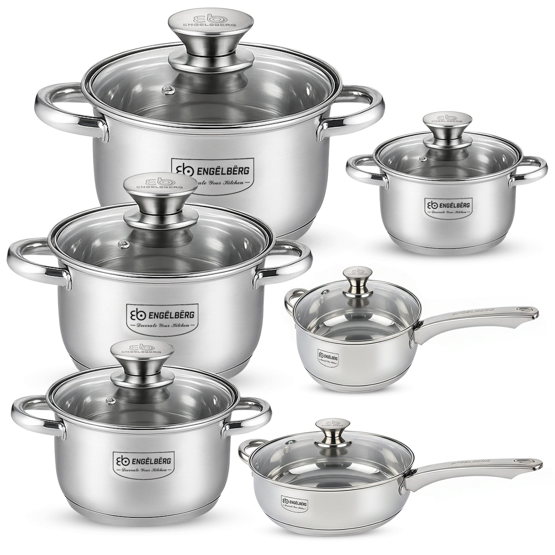 Komplettes Topfset aus Edelstahl mit 6 Töpfen und passenden Glasdeckeln