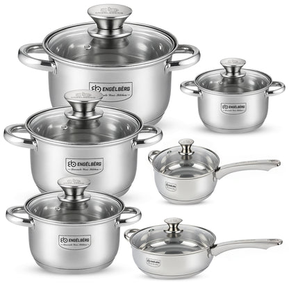 Komplettes Topfset aus Edelstahl mit 6 Töpfen und passenden Glasdeckeln