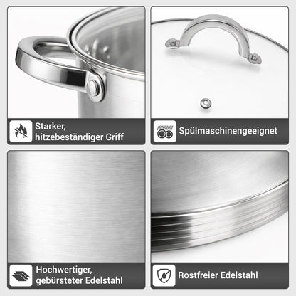 Rostfreier Edelstahl Kochtopf mit Glasdeckel und hitzebeständigem Griff