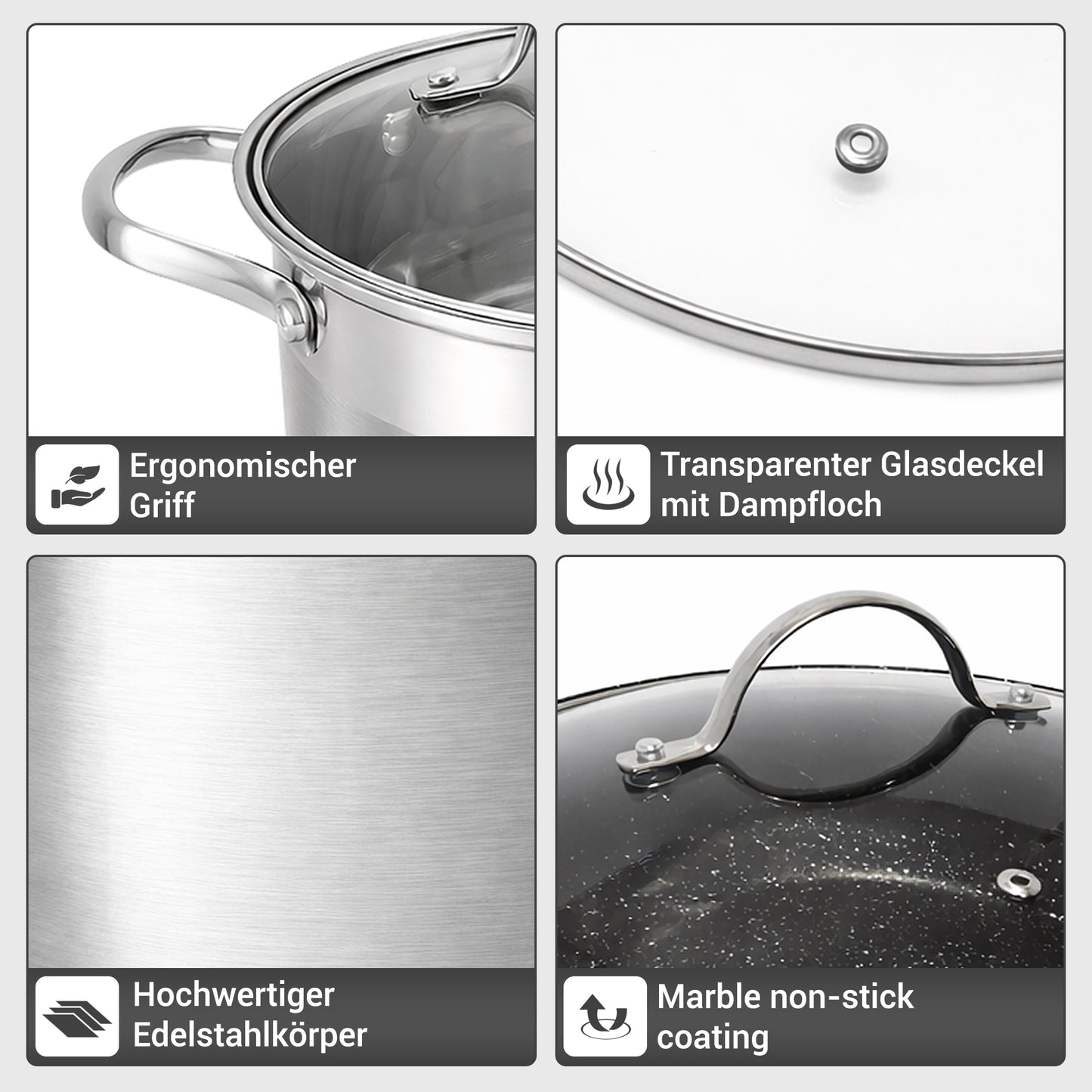 Topfset aus Edelstahl 12-teilig mit Glasdeckeln & Antihaft-Pfanne – Induktion geeignet – Hochwertiges Kochgeschirr für alle Herdarten – Spülmaschinenfest & energiesparend