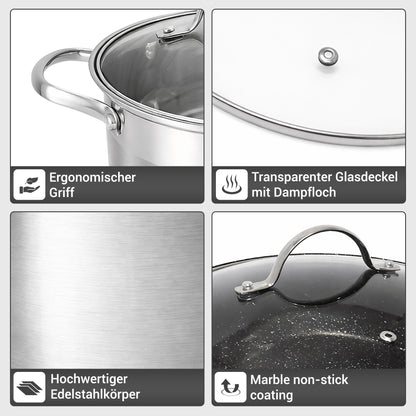 Topfset aus Edelstahl 12-teilig mit Glasdeckeln & Antihaft-Pfanne – Induktion geeignet – Hochwertiges Kochgeschirr für alle Herdarten – Spülmaschinenfest & energiesparend