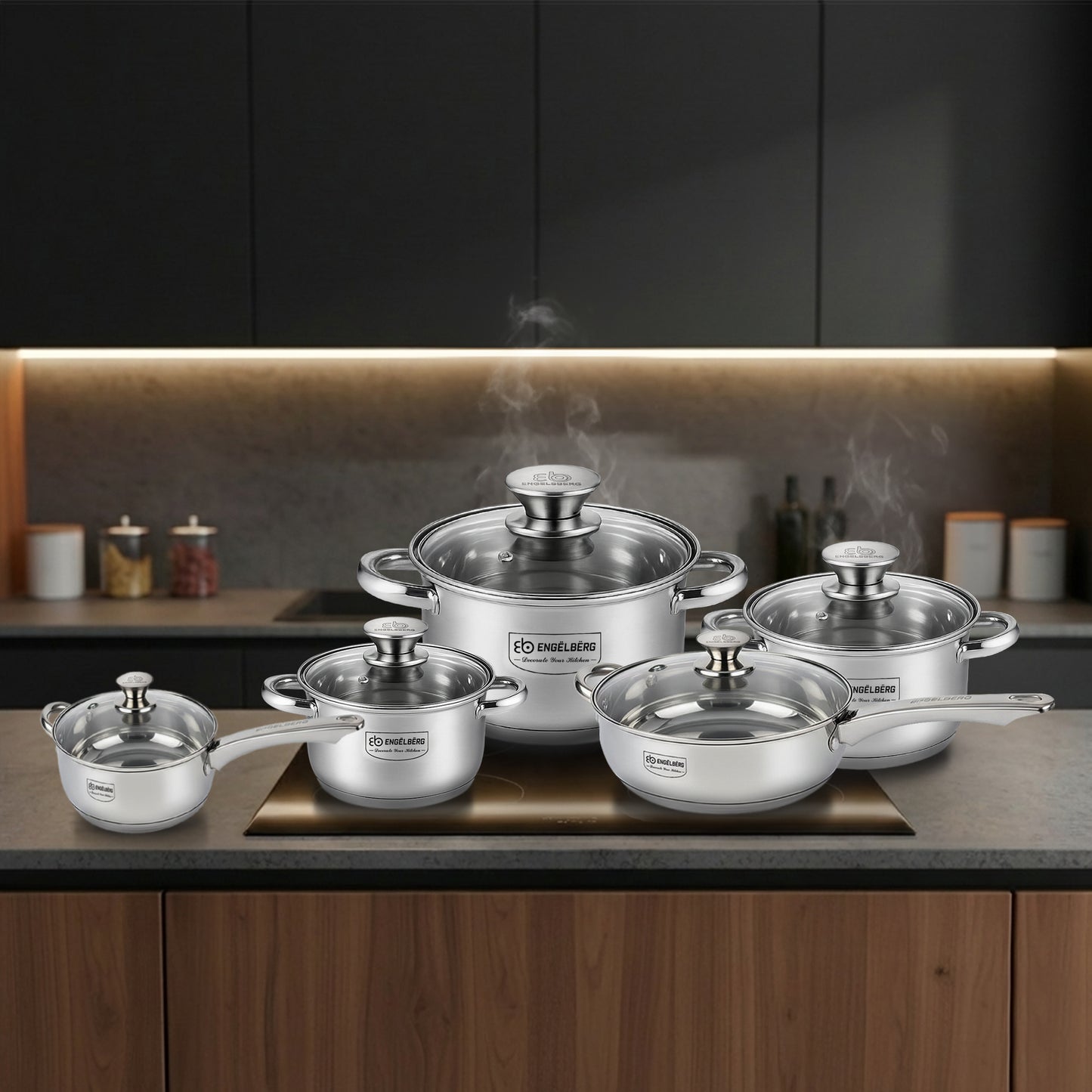 Edelstahl Topfset 12-teilig mit verschiedenen Topfgrößen und Glasdeckeln