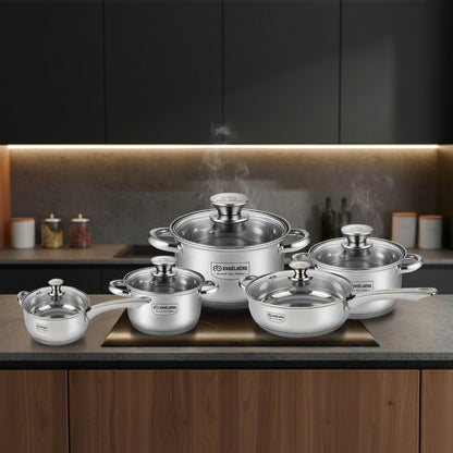 Edelstahl Topfset 12-teilig mit verschiedenen Topfgrößen und Glasdeckeln