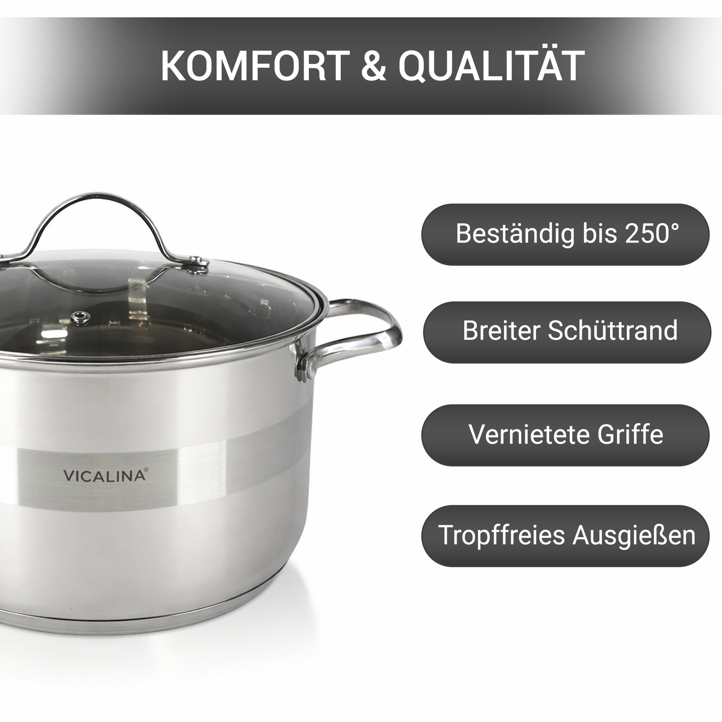 Topfset aus Edelstahl 12-teilig mit Glasdeckeln & Antihaft-Pfanne – Induktion geeignet – Hochwertiges Kochgeschirr für alle Herdarten – Spülmaschinenfest & energiesparend