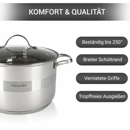 Topfset aus Edelstahl 12-teilig mit Glasdeckeln & Antihaft-Pfanne – Induktion geeignet – Hochwertiges Kochgeschirr für alle Herdarten – Spülmaschinenfest & energiesparend