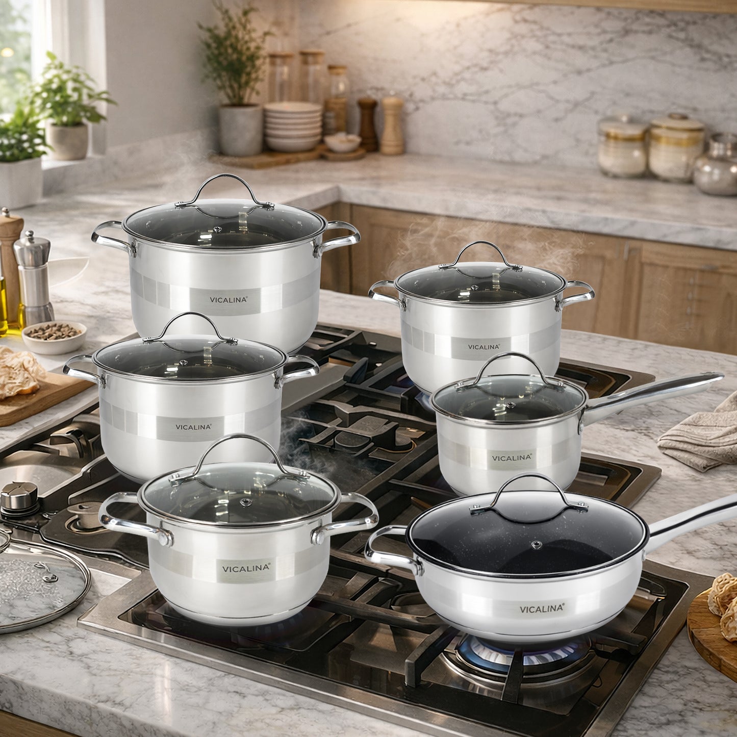 Topfset aus Edelstahl 12-teilig mit Glasdeckeln & Antihaft-Pfanne – Induktion geeignet – Hochwertiges Kochgeschirr für alle Herdarten – Spülmaschinenfest & energiesparend