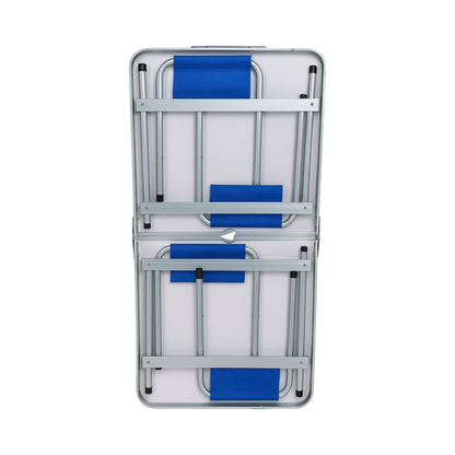 Camping Klapptisch Set 120×60 cm mit 4 Hockern – Faltbarer Outdoor Tisch für Picknick & Garten (Blau & Silber)