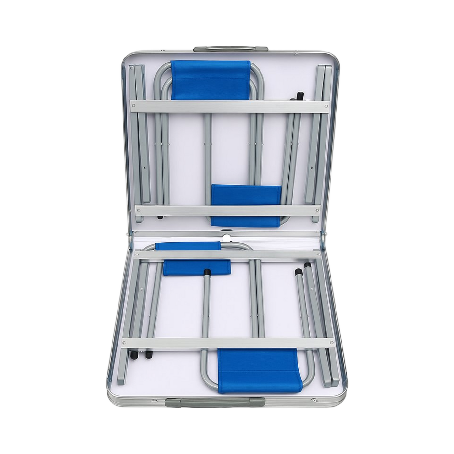 Camping Klapptisch Set 120×60 cm mit 4 Hockern – Faltbarer Outdoor Tisch für Picknick & Garten (Blau & Silber)