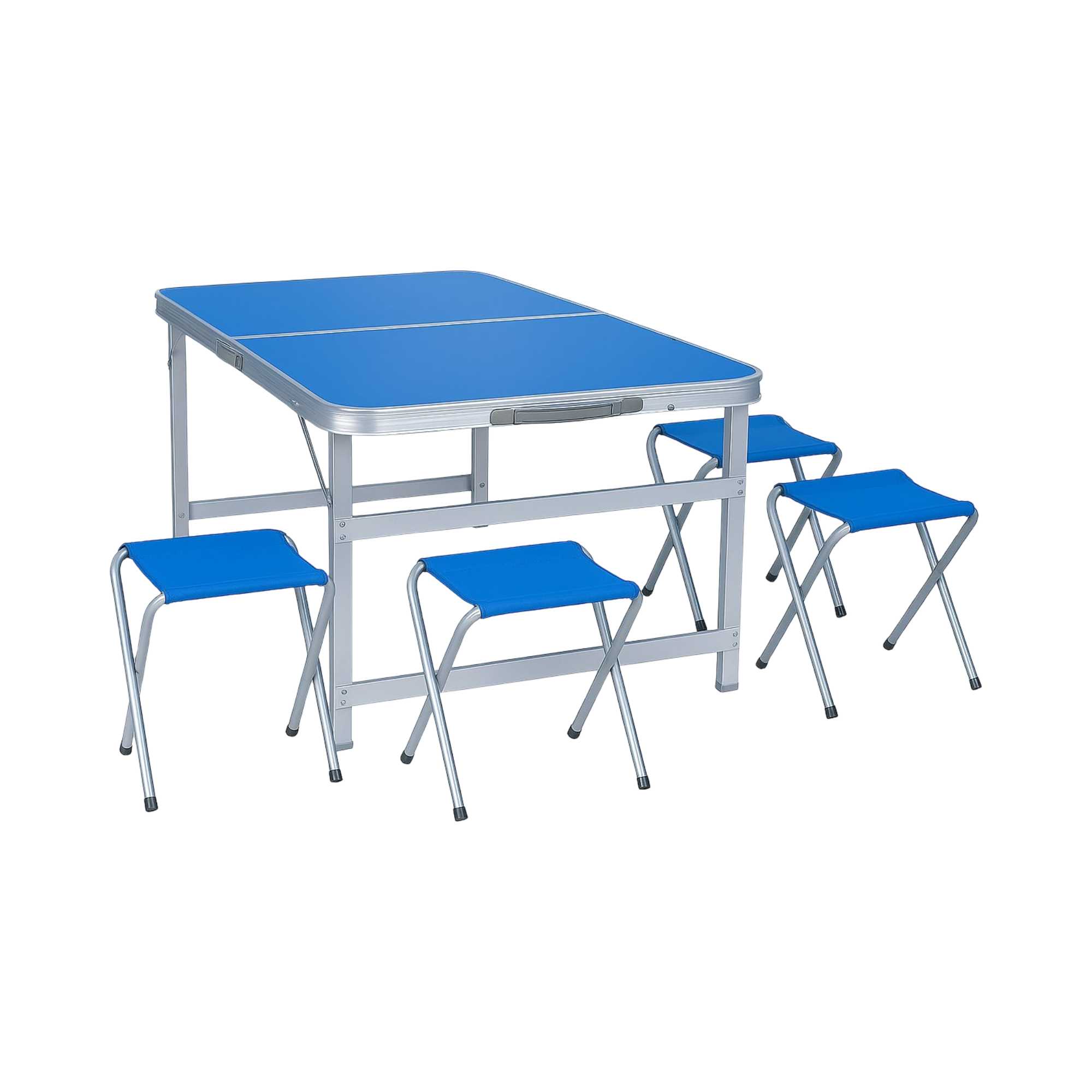 Camping Klapptisch Set 120×60 cm mit 4 Hockern – Faltbarer Outdoor Tisch für Picknick & Garten (Blau & Silber)
