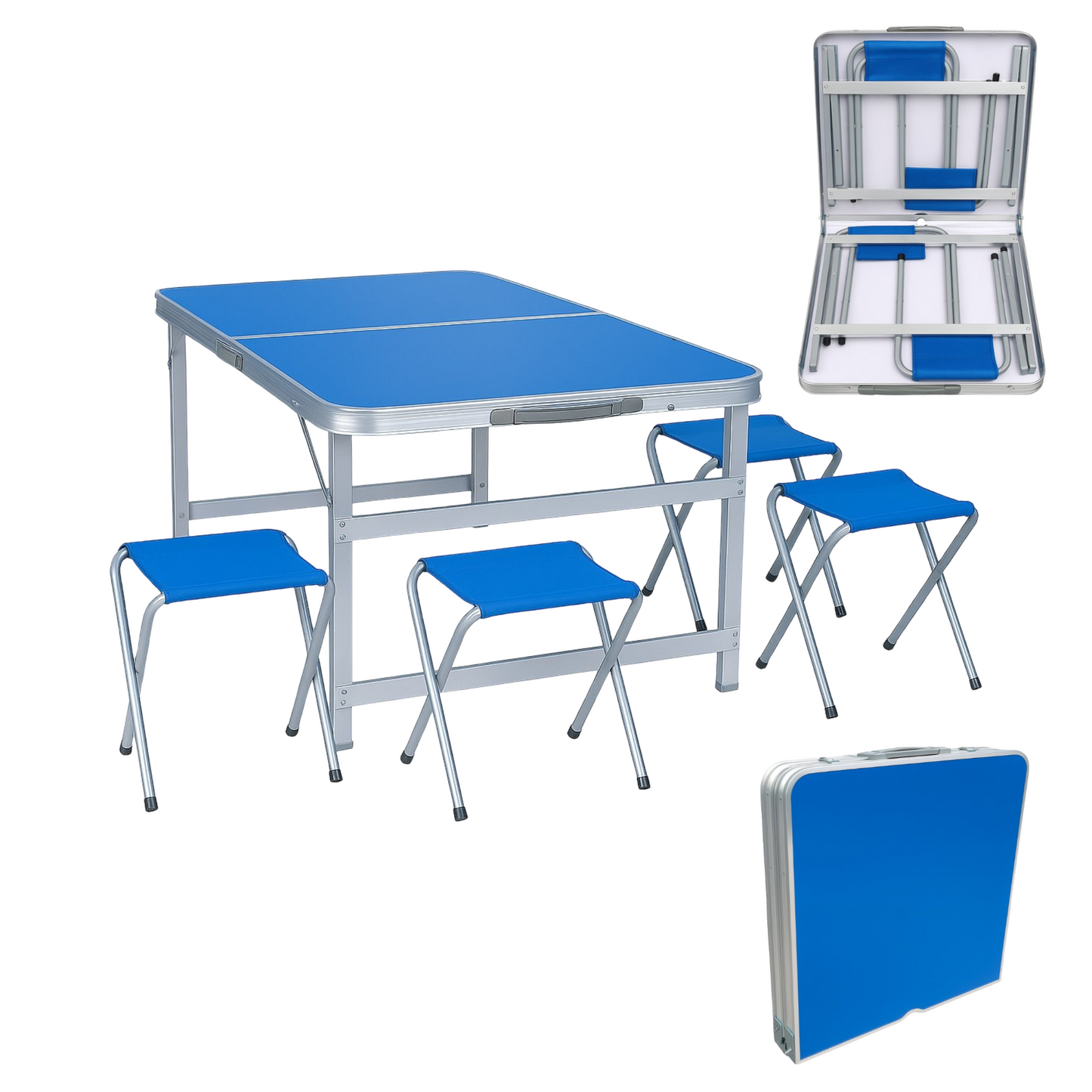 Camping Klapptisch Set 120×60 cm mit 4 Hockern – Faltbarer Outdoor Tisch für Picknick & Garten (Blau & Silber)