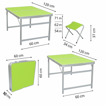 Faltbarer Campingtisch mit 4 Hockern -Grün & Silber - Klapptisch Set für Picknick, Garten & Outdoor - 120x60 cm
