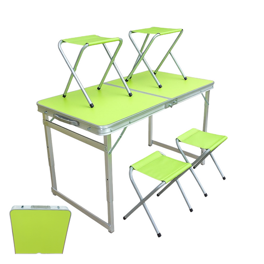 Faltbarer Campingtisch mit 4 Hockern -Grün & Silber - Klapptisch Set für Picknick, Garten & Outdoor - 120x60 cm