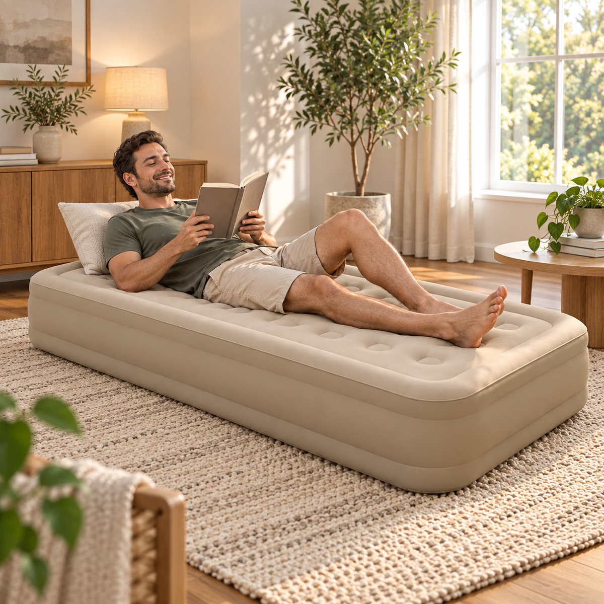 Luftmatratze 190 × 100 × 40 cm mit integrierter wiederaufladbarer Akku-Pumpe – für 1 Person, Gäste, Camping & Zuhause – Braun