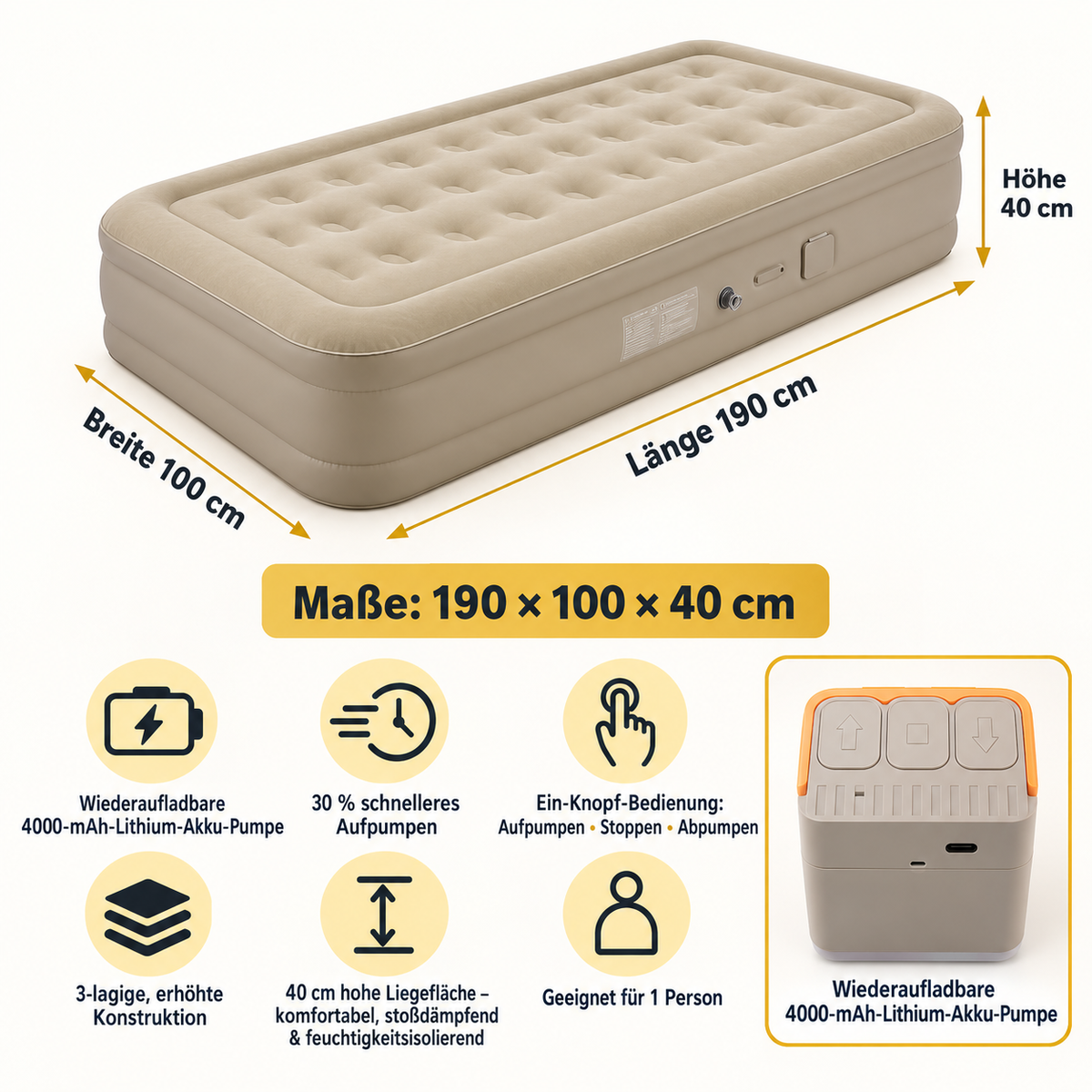 Luftmatratze 190 × 100 × 40 cm mit integrierter wiederaufladbarer Akku-Pumpe – für 1 Person, Gäste, Camping & Zuhause – Braun