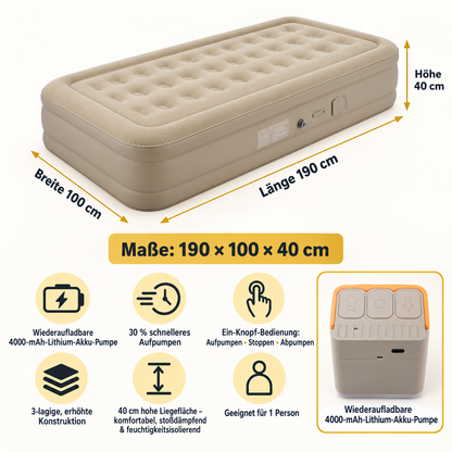 Luftmatratze 190 × 100 × 40 cm mit integrierter wiederaufladbarer Akku-Pumpe – für 1 Person, Gäste, Camping & Zuhause – Braun