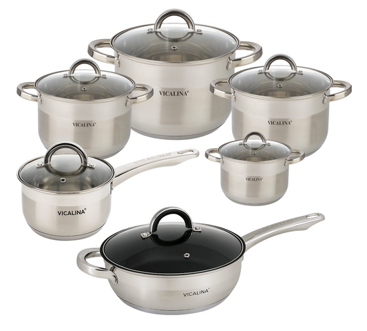 VICALINA® 12-teiliges Kochtopf-Set aus Edelstahl mit Glasdeckeln