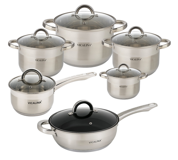 VICALINA® 12-teiliges Kochtopf-Set aus Edelstahl mit Glasdeckeln