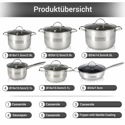 Maße und Fassungsvermögen des 12-teiligen Edelstahl-Kochtopfsets