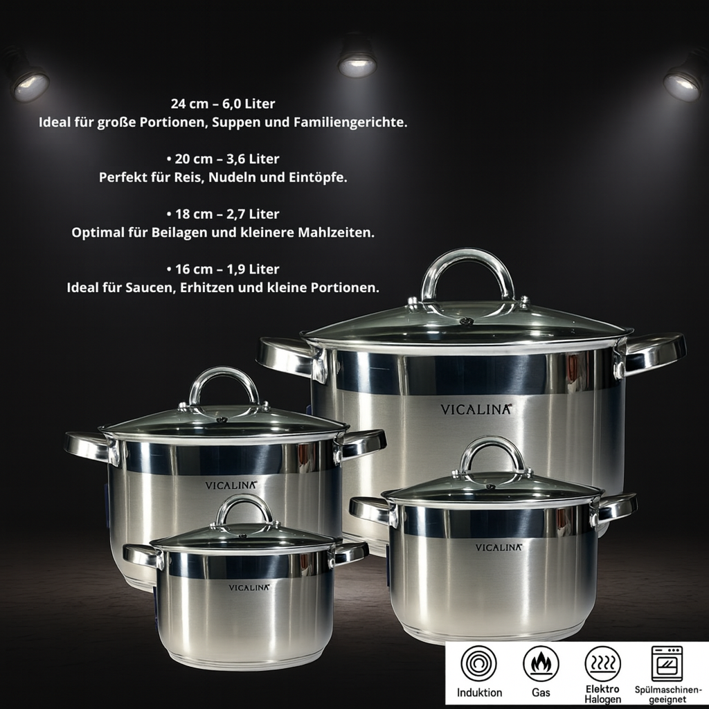 Edelstahl Topfset  mit 4 Töpfen und Glasdeckeln