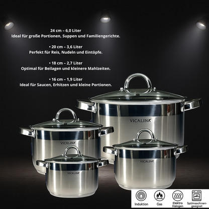 Edelstahl Topfset  mit 4 Töpfen und Glasdeckeln