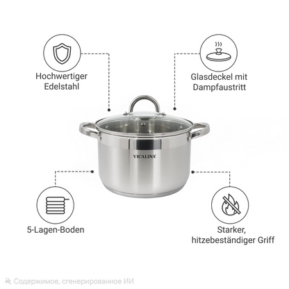Edelstahl Topfset 6-teilig mit 5-Schicht Thermoboden für Induktion