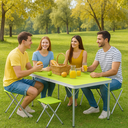 Camping Klapptisch Set 120×60×63 cm mit 4 Hockern – Aluminium, Grün