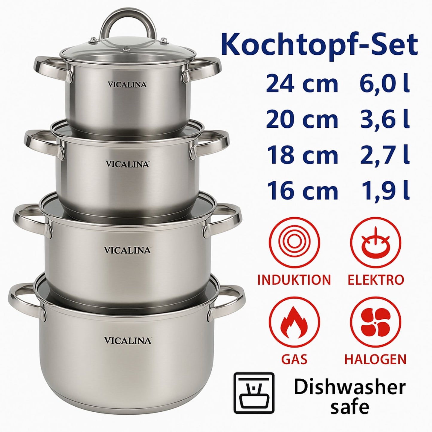 VICALINA® Edelstahl Kochtopf-Set – 8-teilig | Induktion & Spülmaschinenfest