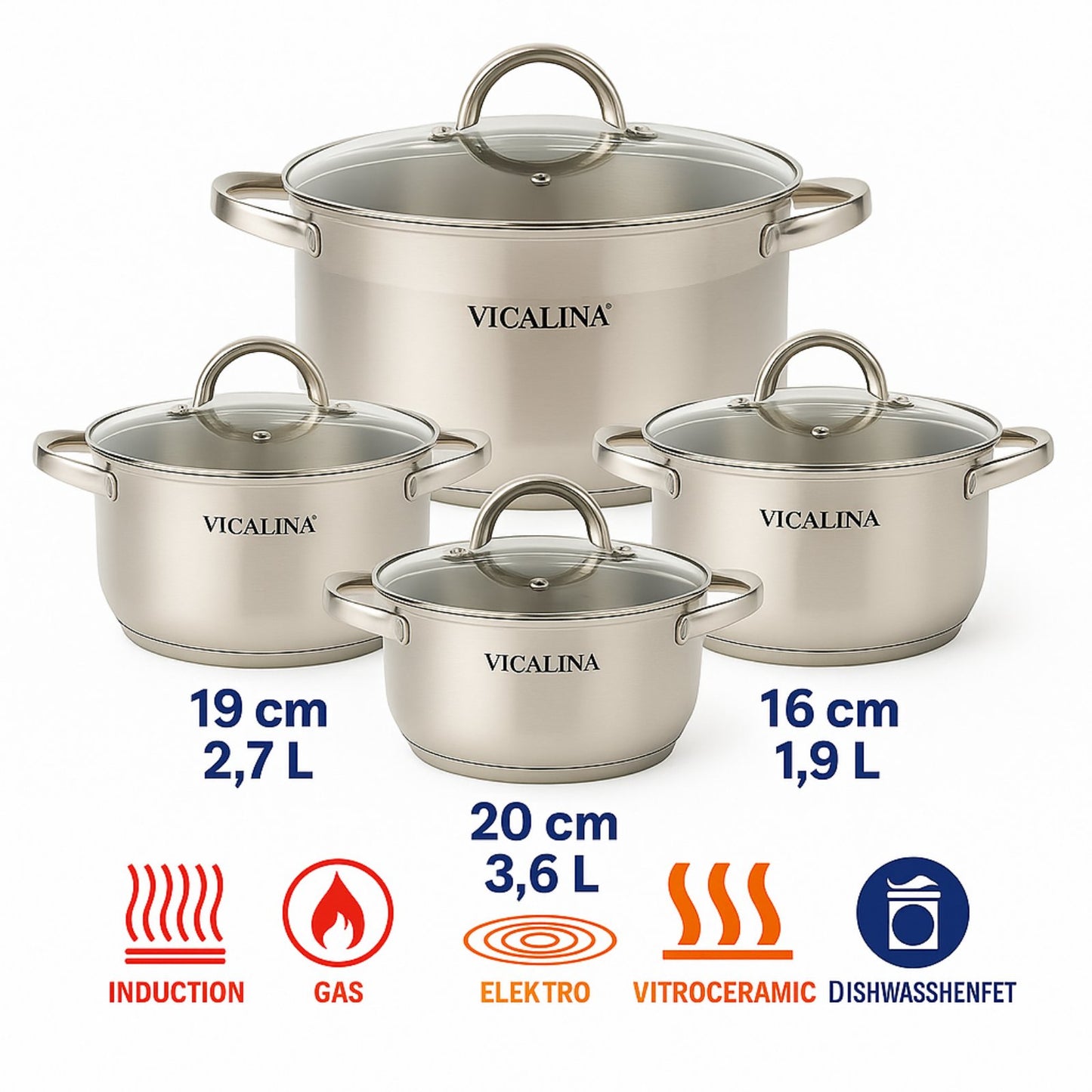 VICALINA® Edelstahl Kochtopf-Set – 8-teilig | Induktion & Spülmaschinenfest