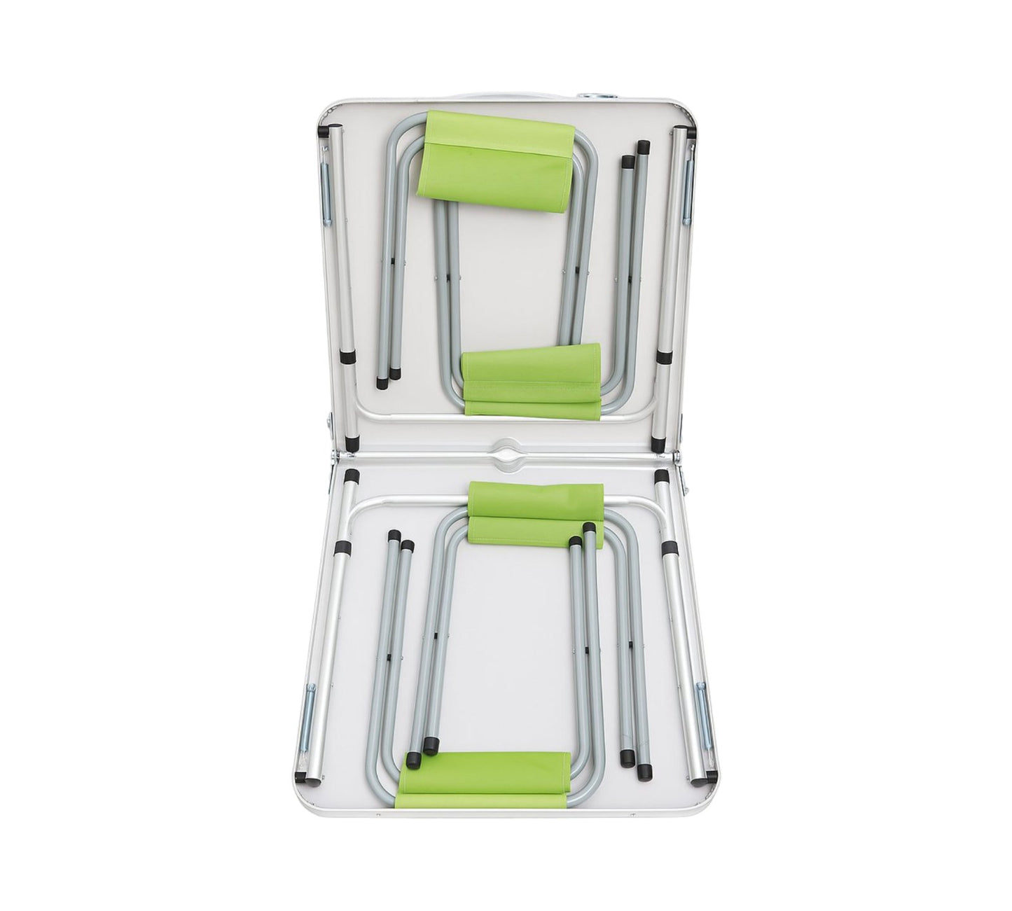 Klapptisch mit 4 Campinghockern – Aluminium Campingtisch Set – 120×60×63 cm – Grün