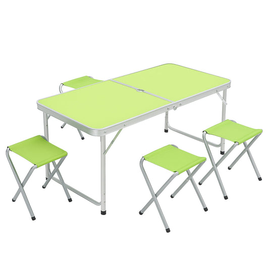 Klapptisch mit 4 Campinghockern – Aluminium Campingtisch Set – 120×60×63 cm – Grün