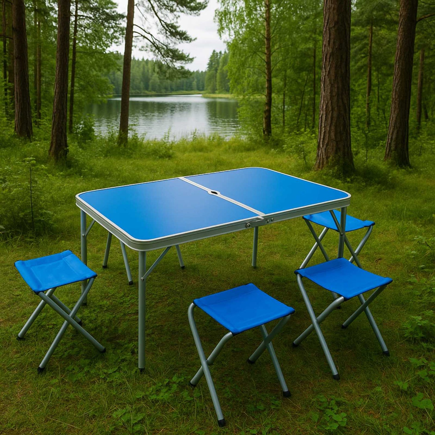 Klapptisch mit 4 Campinghockern – Aluminium Campingtisch Set – 120×60×63 cm – Blau