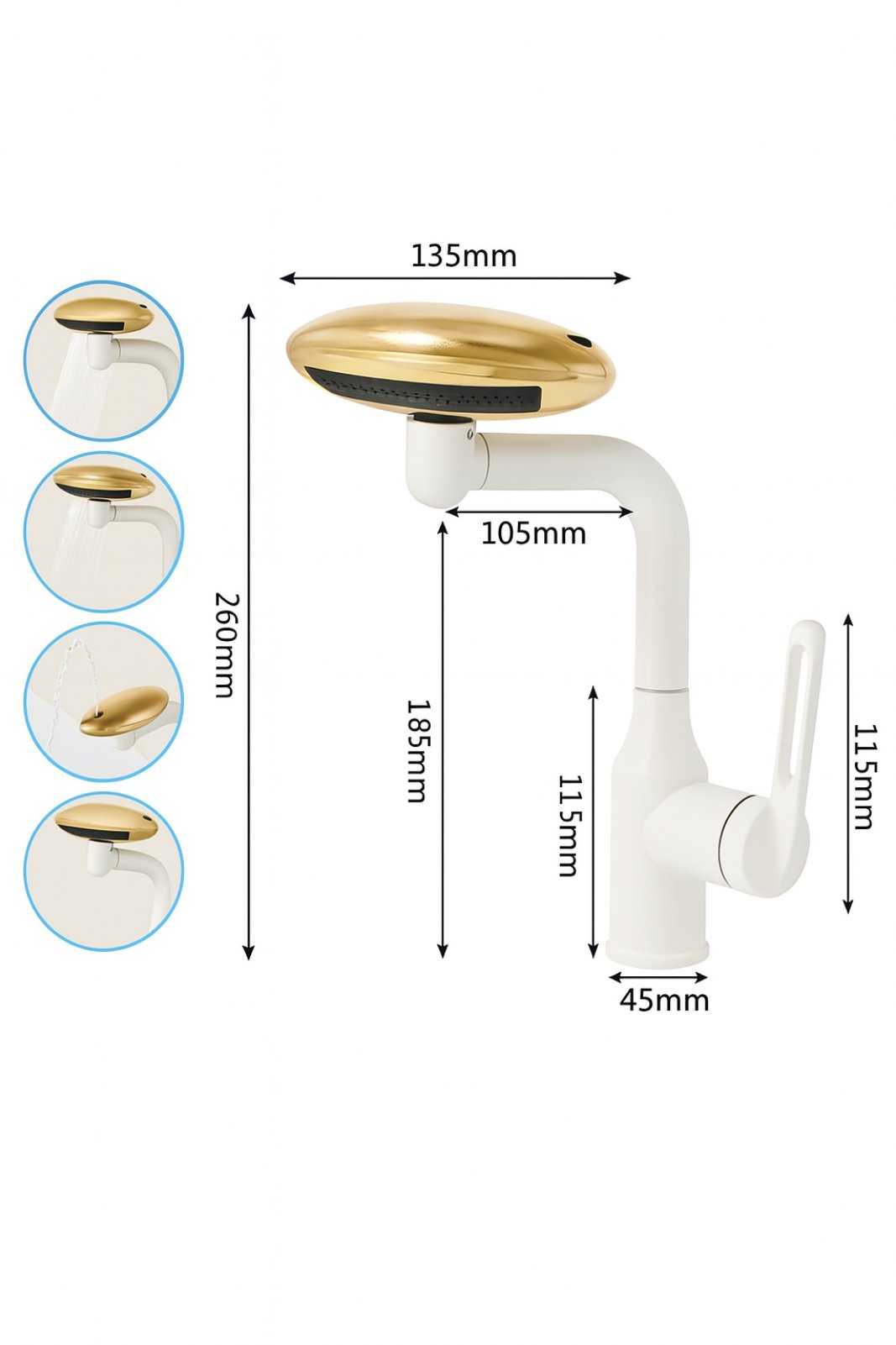 „Multifunktionaler Wasserhahn mit Brause – 360° drehbar, 4 Wasserstrahl-Modi, Gold & Weiß