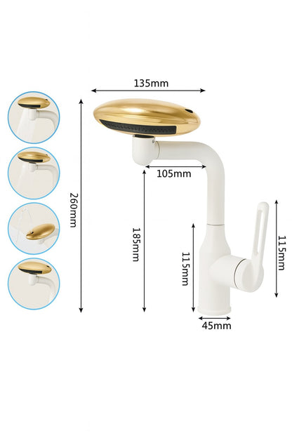 „Multifunktionaler Wasserhahn mit Brause – 360° drehbar, 4 Wasserstrahl-Modi, Gold & Weiß