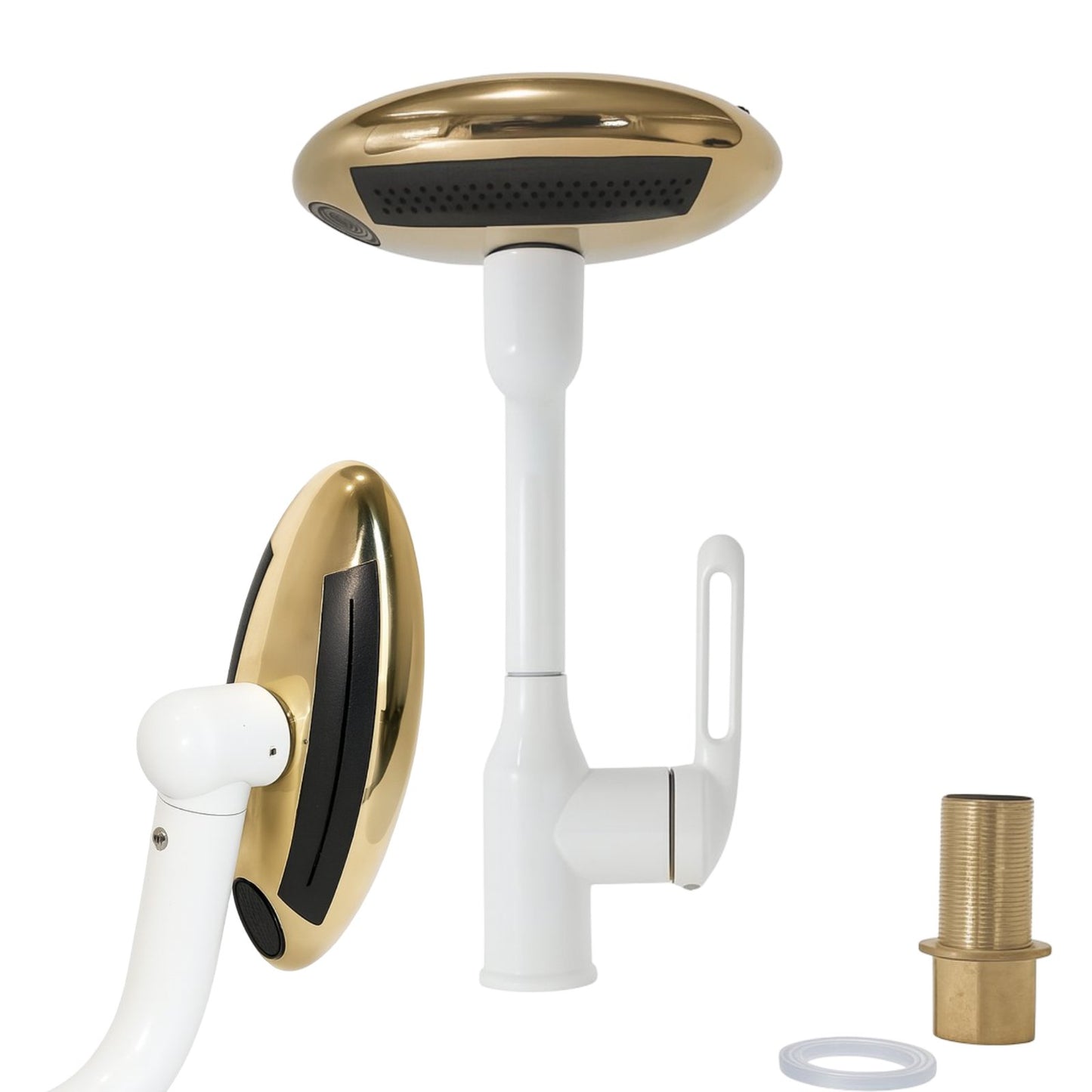 „Multifunktionaler Wasserhahn mit Brause – 360° drehbar, 4 Wasserstrahl-Modi, Gold & Weiß