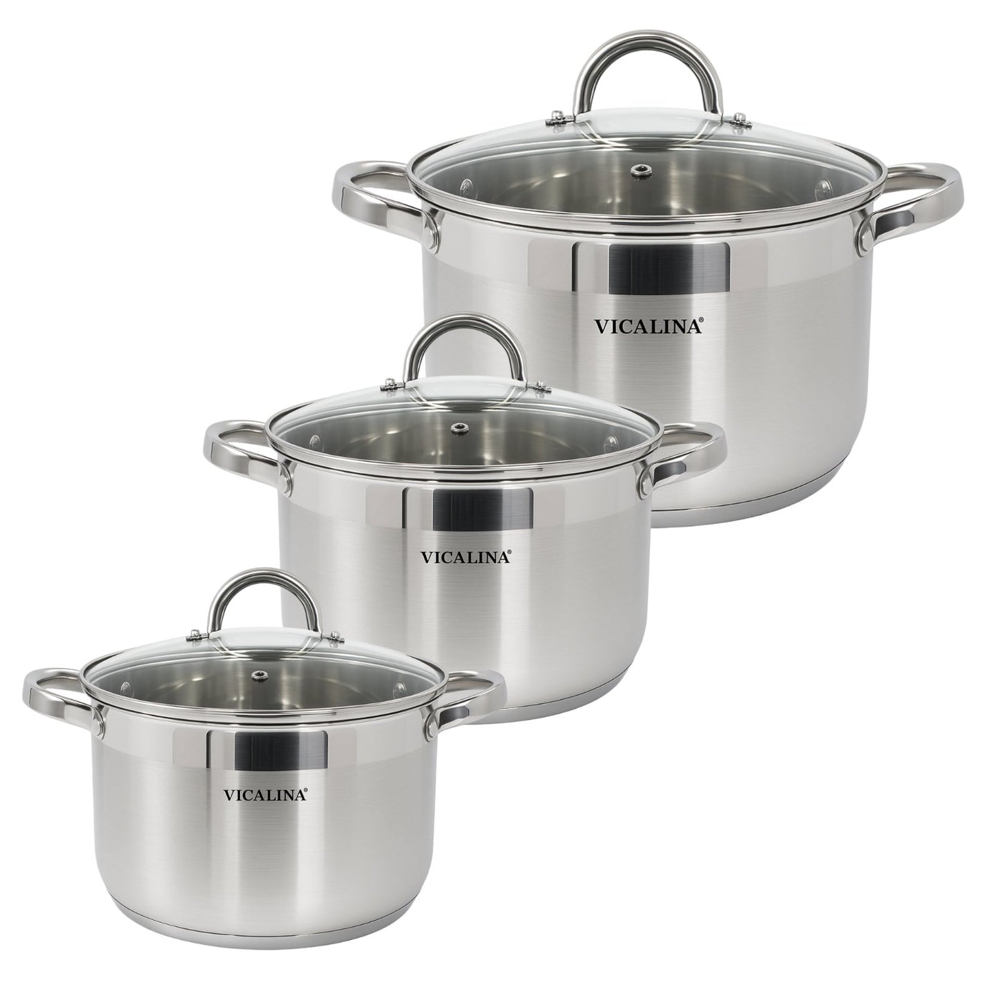 Edelstahl Topfset 6-teilig mit 3 Kochtöpfen und 3 Glasdeckeln