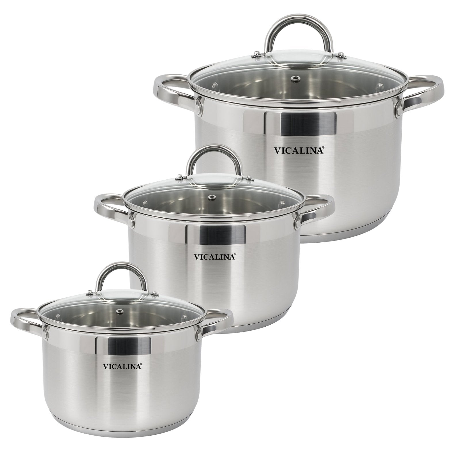 Edelstahl Topfset 6-teilig mit 3 Kochtöpfen und 3 Glasdeckeln