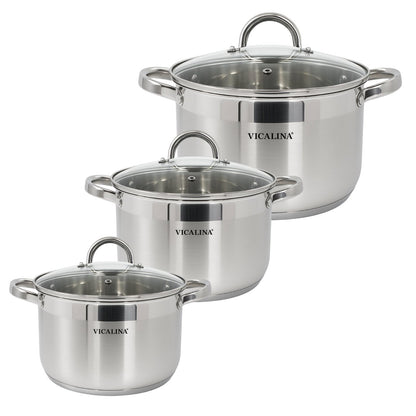 Edelstahl Topfset 6-teilig mit 3 Kochtöpfen und 3 Glasdeckeln